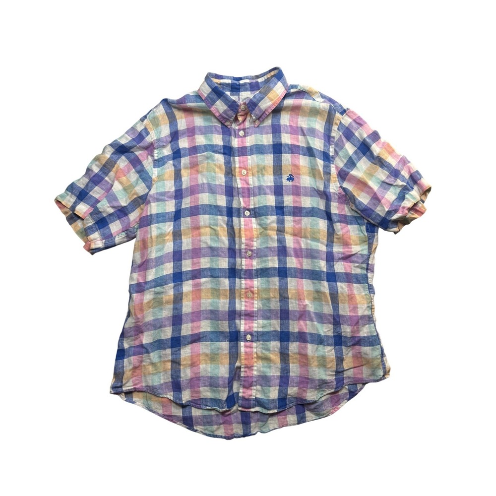 Brooks Brothers Regent Linen Shirt XL Mens Short Sleeve Plaid Button Down Multi